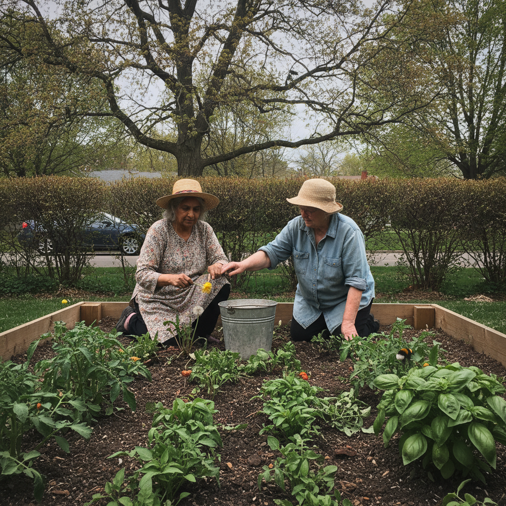Couple silent gardening AI-generated photoreal reference