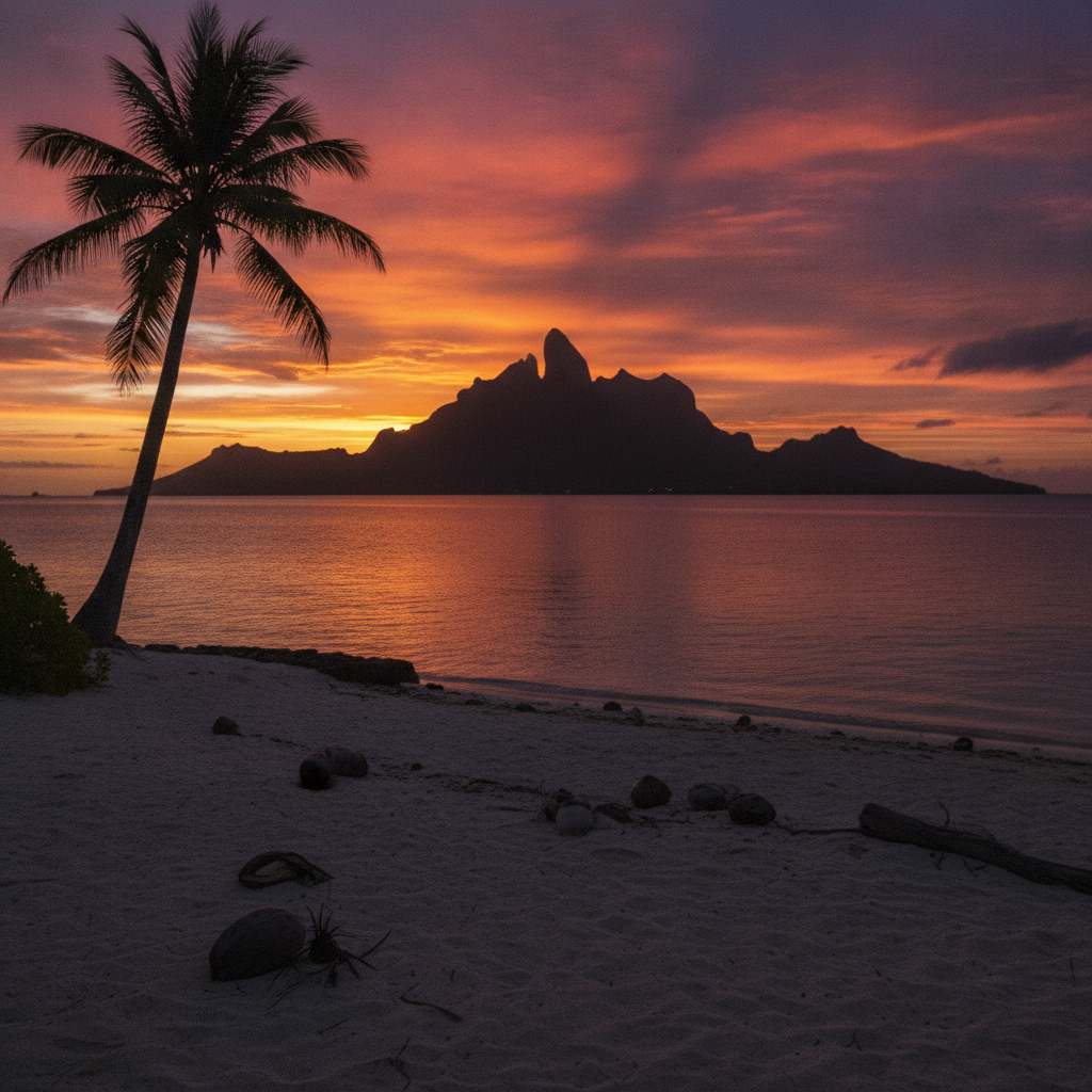 Bora Bora sunset from a leeward motu AI-generated photoreal reference