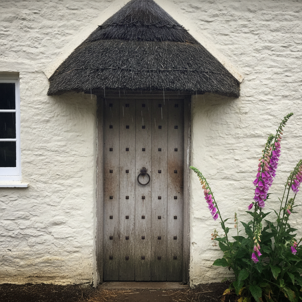 Devon cob wall door under thatch hood, drizzle AI-generated photoreal reference