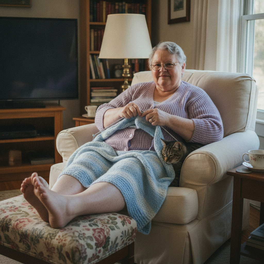 Plus-size grandmother knitting AI-generated photoreal reference