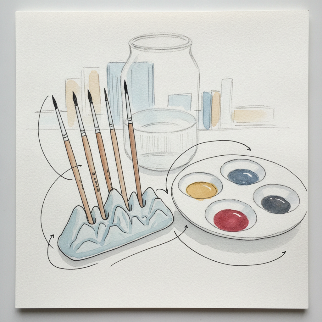Watercolor brush rest with brushes example 1