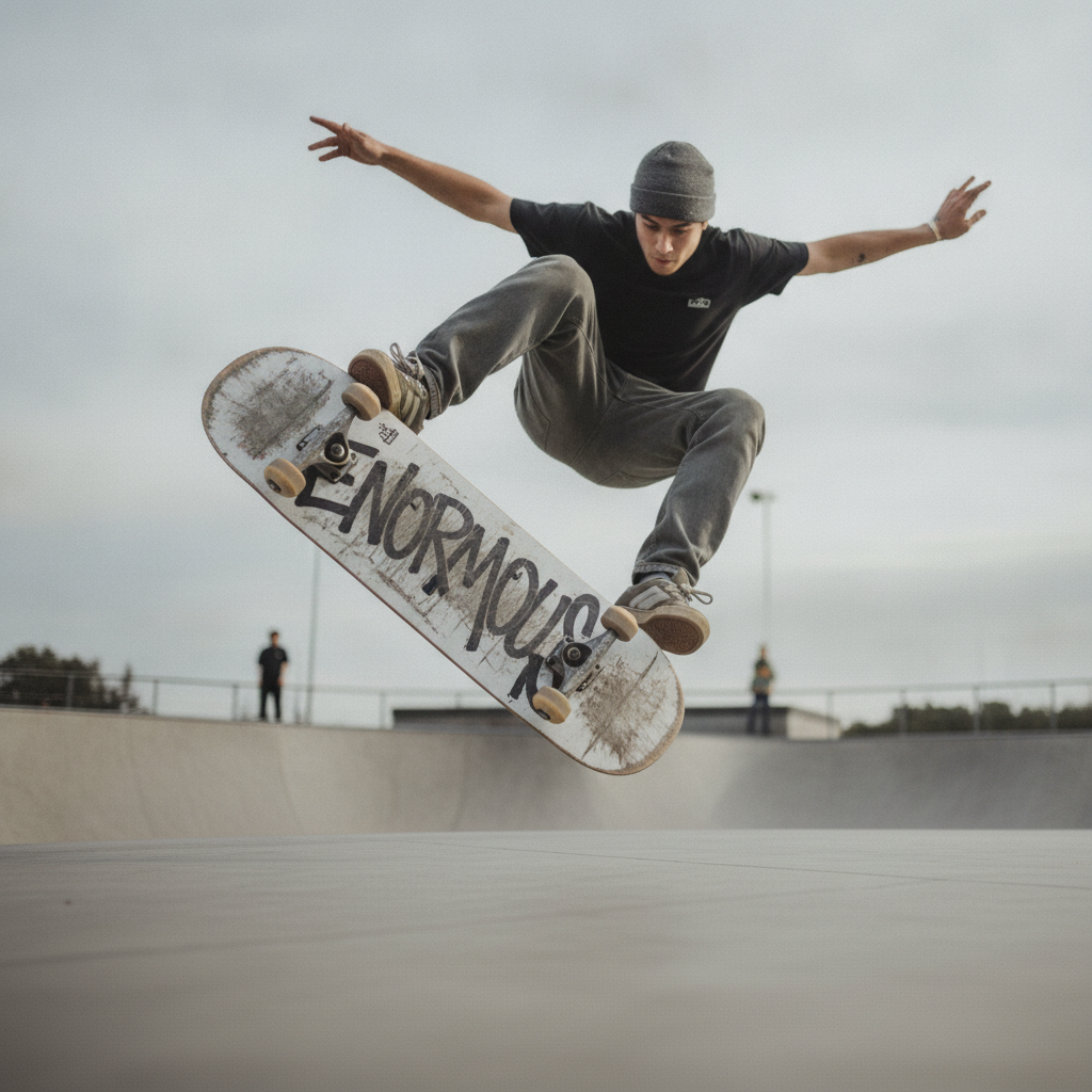 Skateboarder Doing a Trick Toward Camera AI-generated photoreal reference