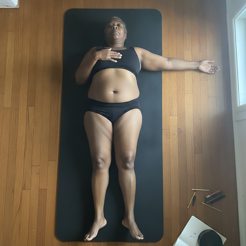 Asymmetric T, Knee Up, Older Black Woman on Mat AI-generated photoreal reference