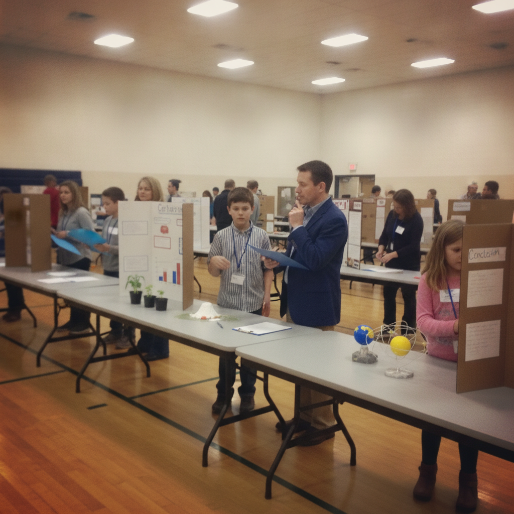 Science fair with poster boards AI-generated photoreal reference