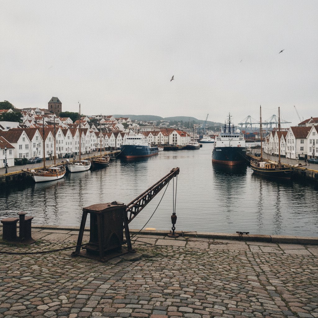 Stavanger old harbor with white wooden houses, Norway AI-generated photoreal reference