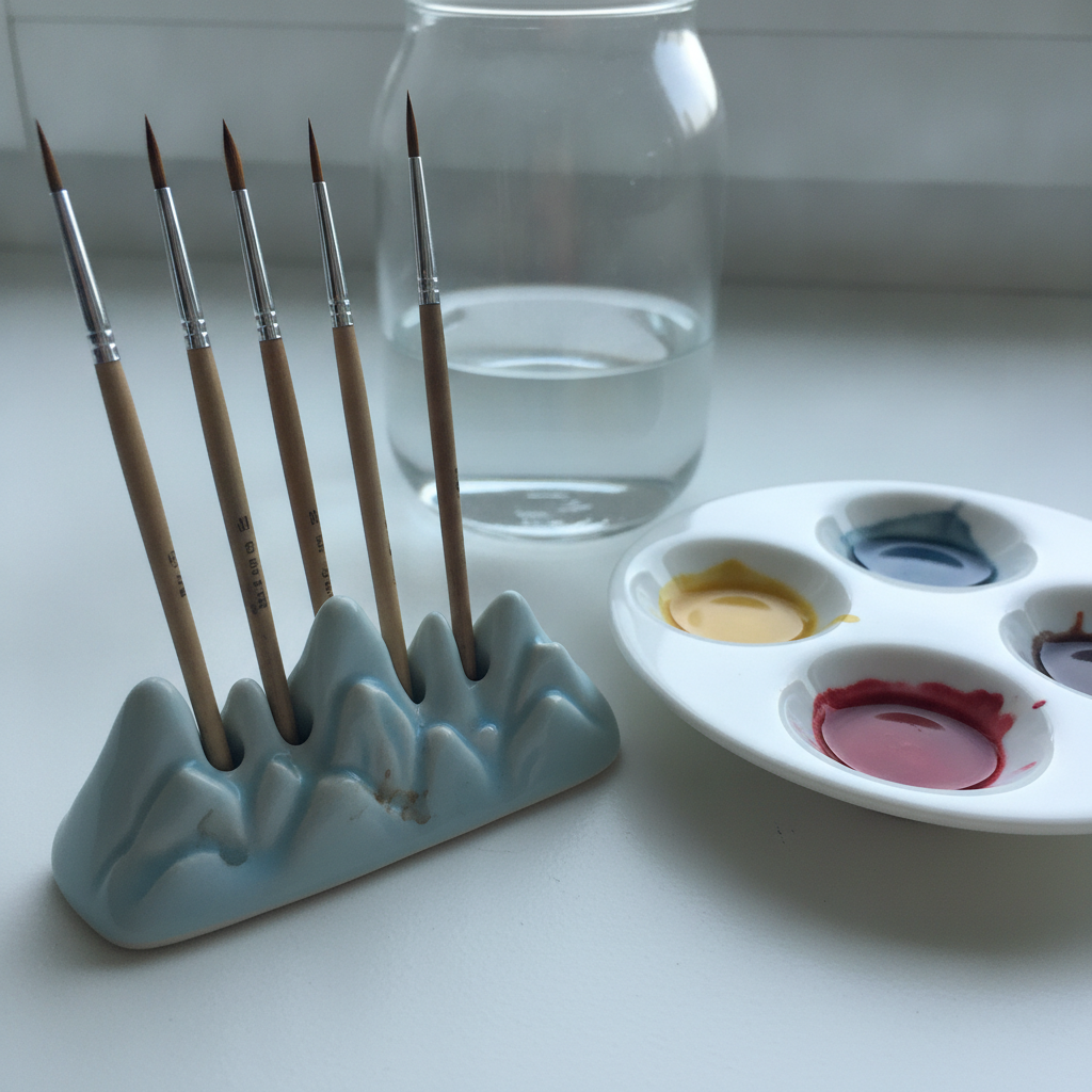 Watercolor brush rest with brushes AI-generated photoreal reference