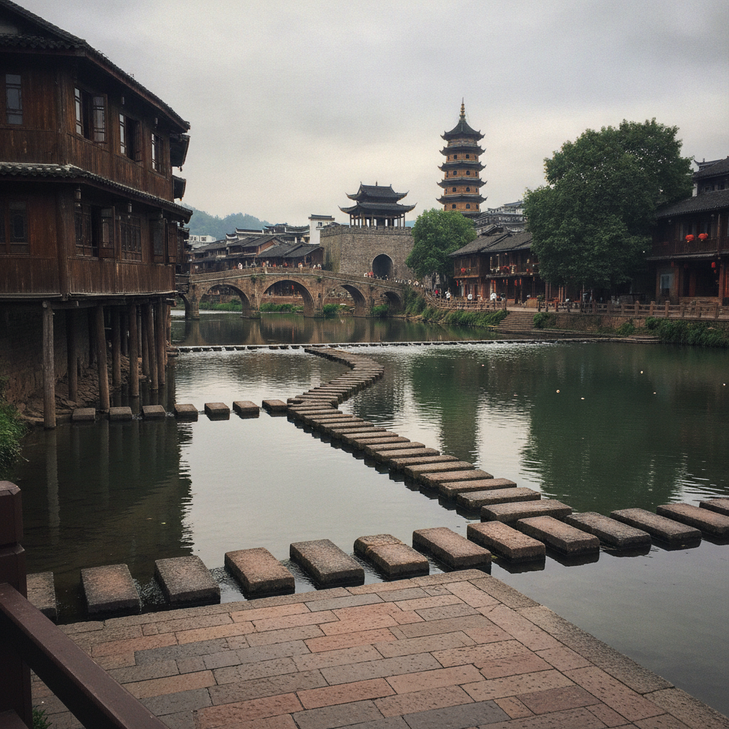 Fenghuang Ancient Town, Hunan, China AI-generated photoreal reference