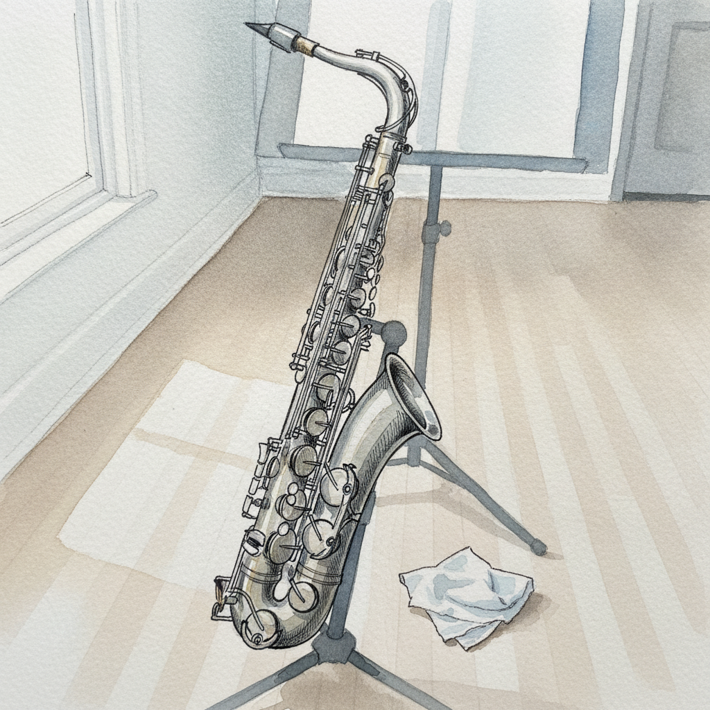 Soprano saxophone straight, on stand example 1
