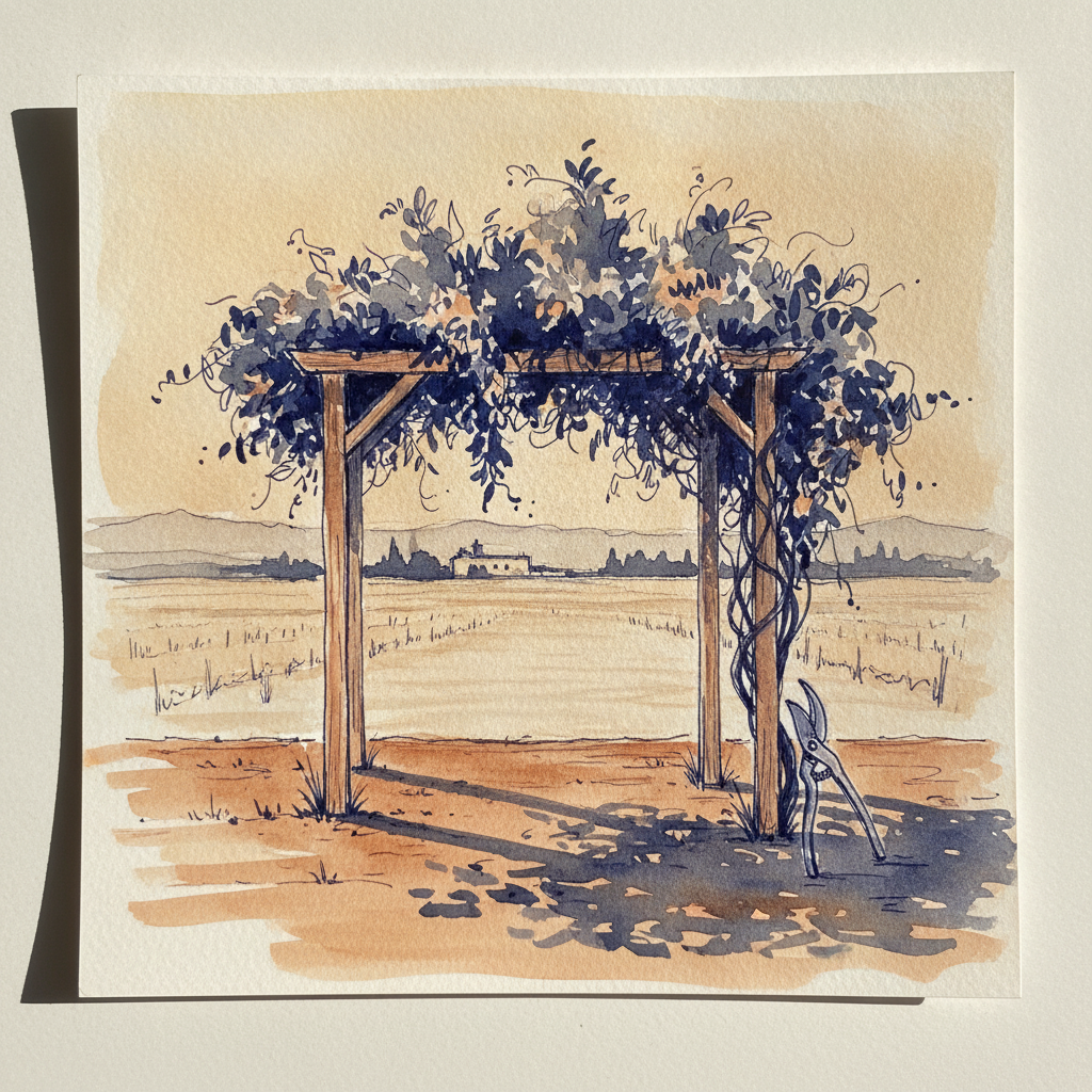 Wisteria arch at the edge of a vineyard in Napa example 1