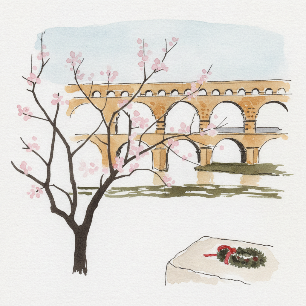Pont du Gard with Almond Blossom example 1
