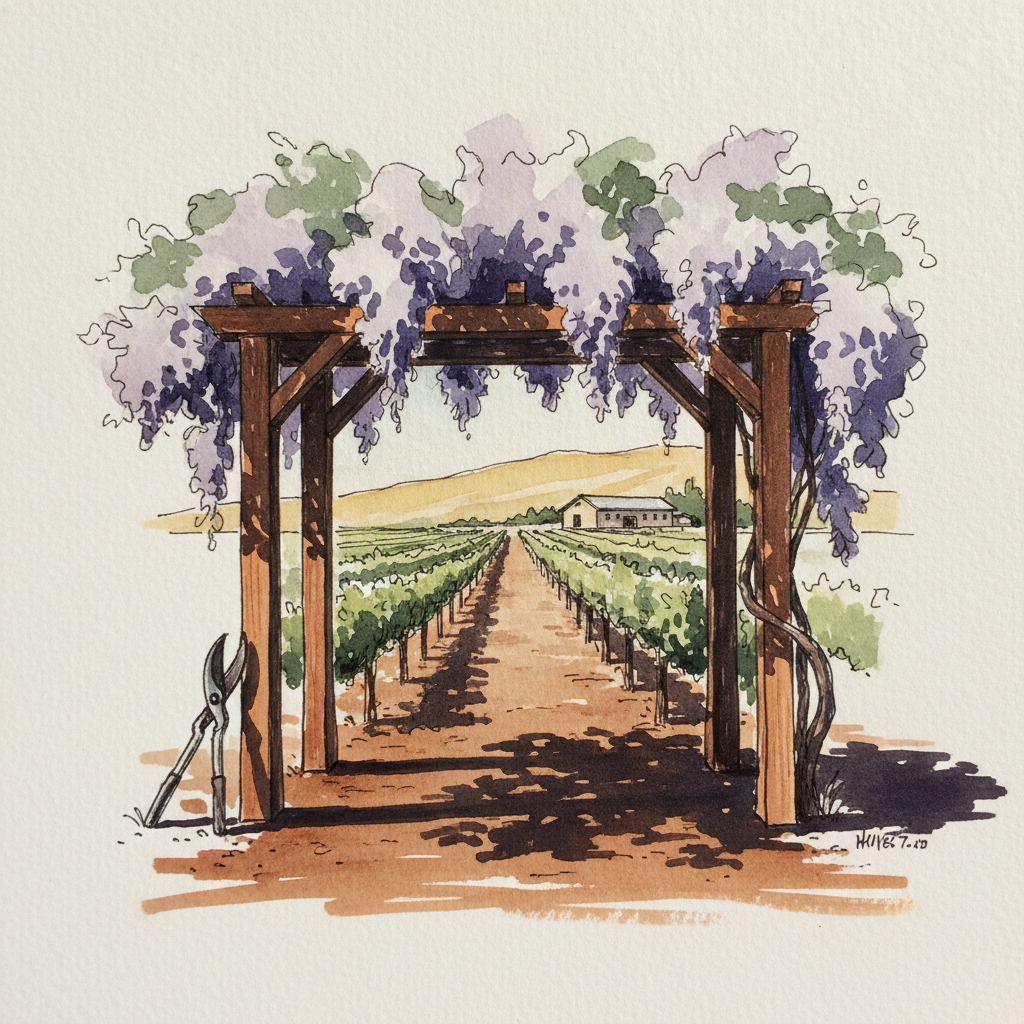Wisteria arch at the edge of a vineyard in Napa example 2