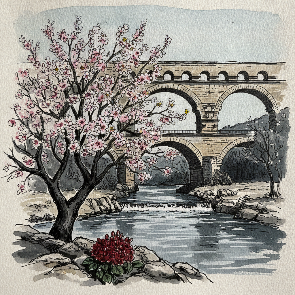 Pont du Gard with Almond Blossom example 2