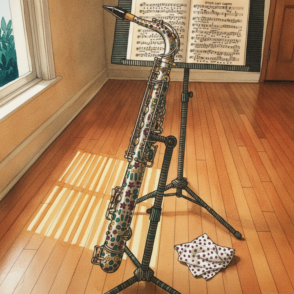 Soprano saxophone straight, on stand example 3