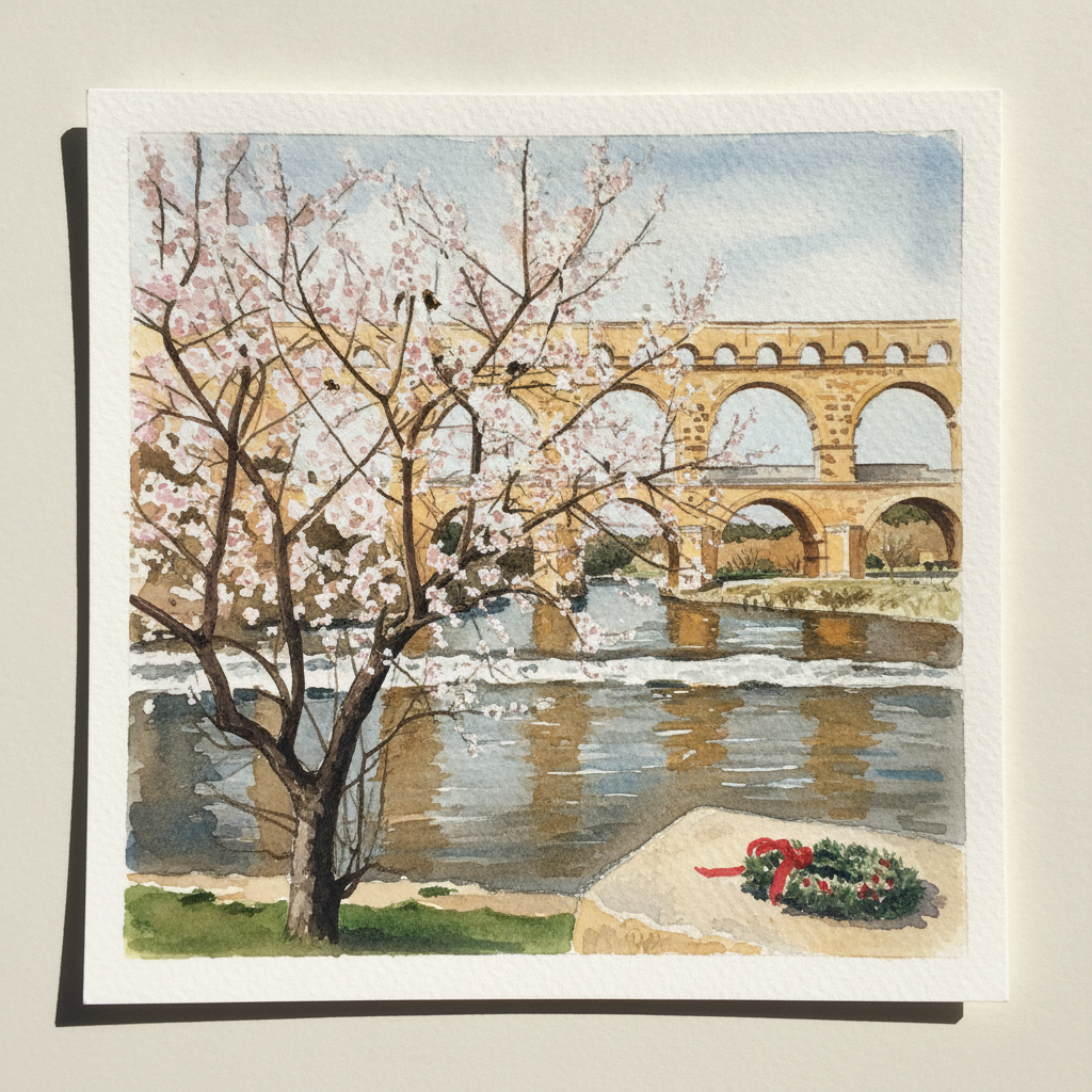 Pont du Gard with Almond Blossom example 3
