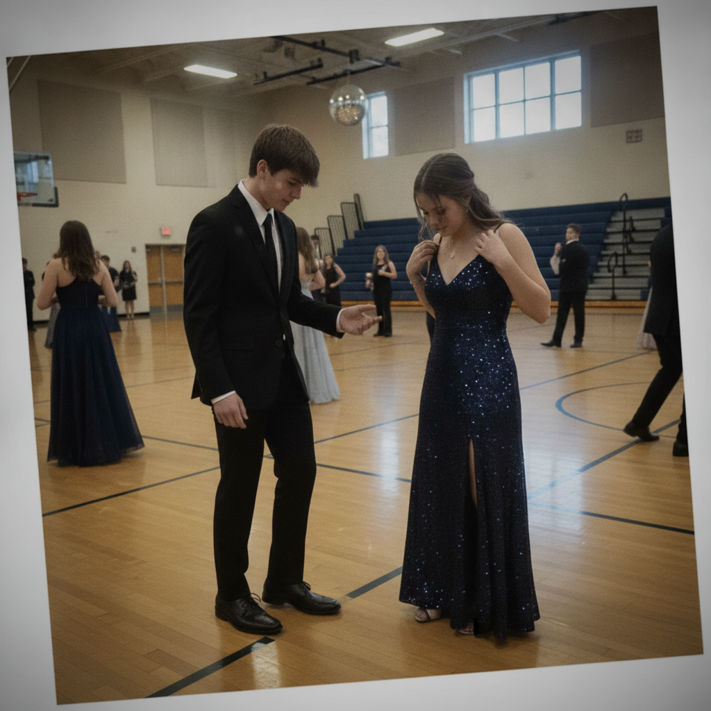 Teens awkward at school dance AI-generated photoreal reference