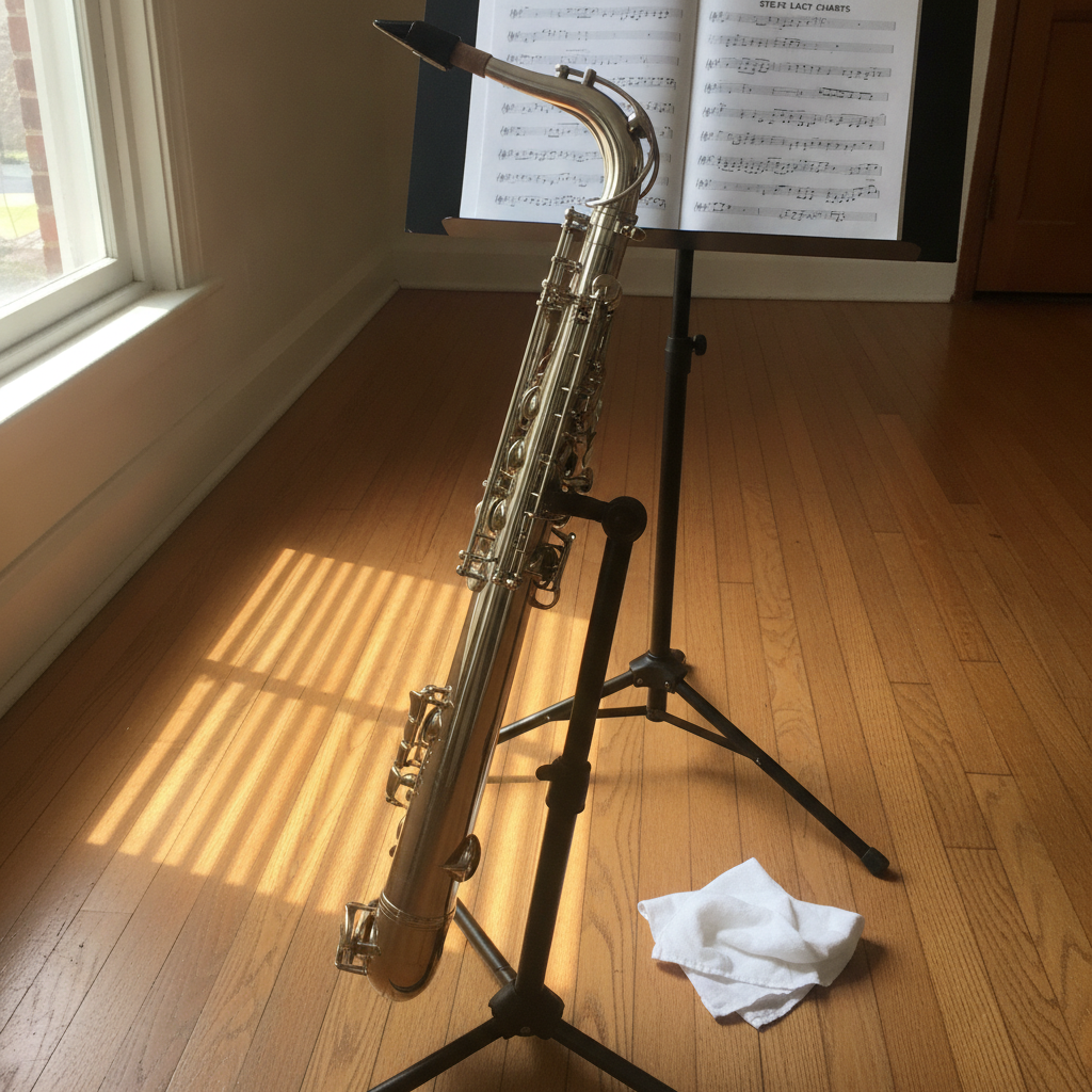 Soprano saxophone straight, on stand AI-generated photoreal reference