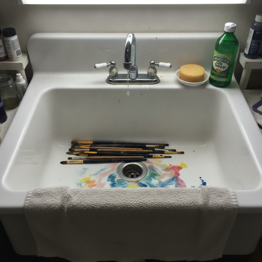 Studio sink with rinsed brushes AI-generated photoreal reference