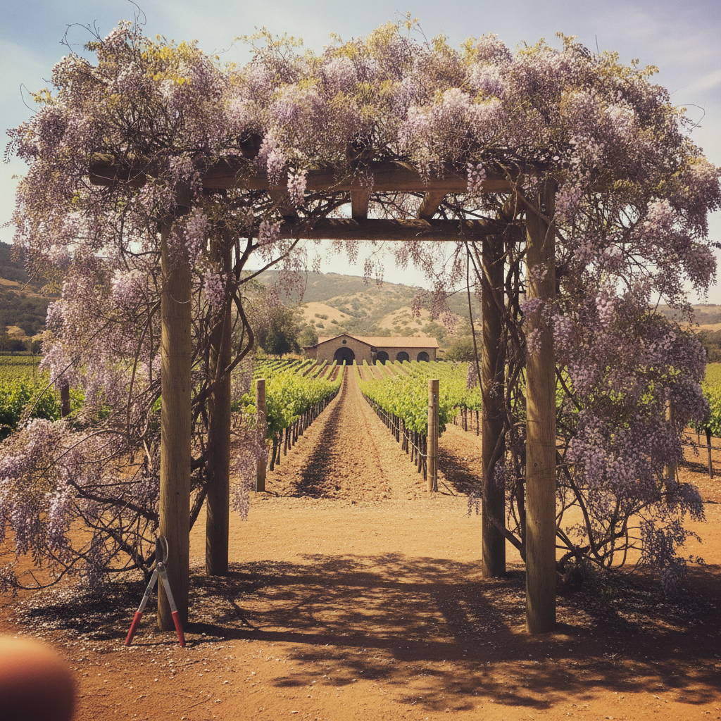 Wisteria arch at the edge of a vineyard in Napa AI-generated photoreal reference