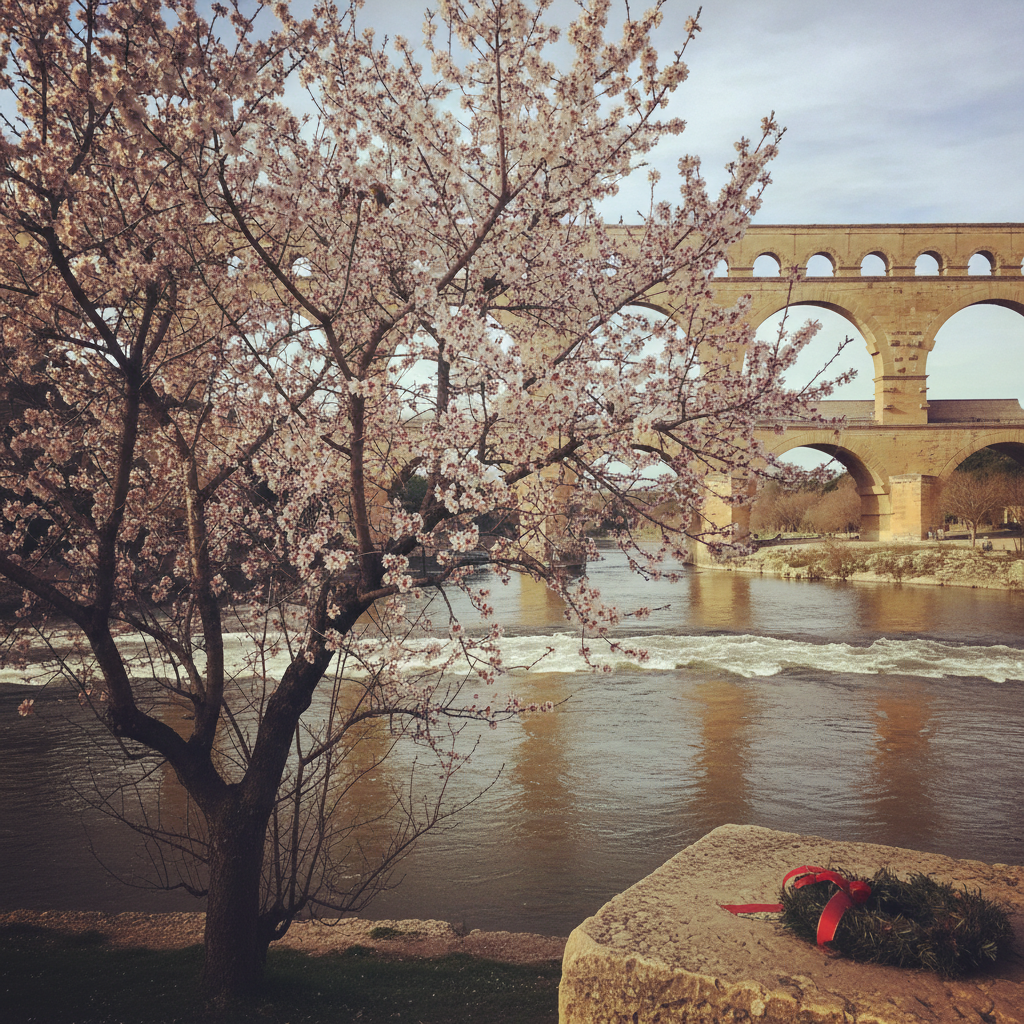 Pont du Gard with Almond Blossom AI-generated photoreal reference