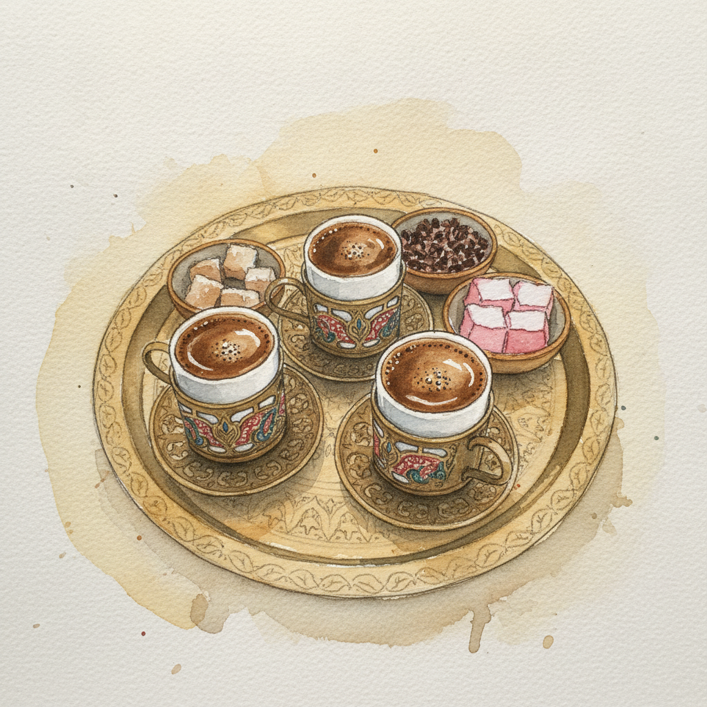 Tiny Turkish coffee cups with sugar cubes and dishes example 1