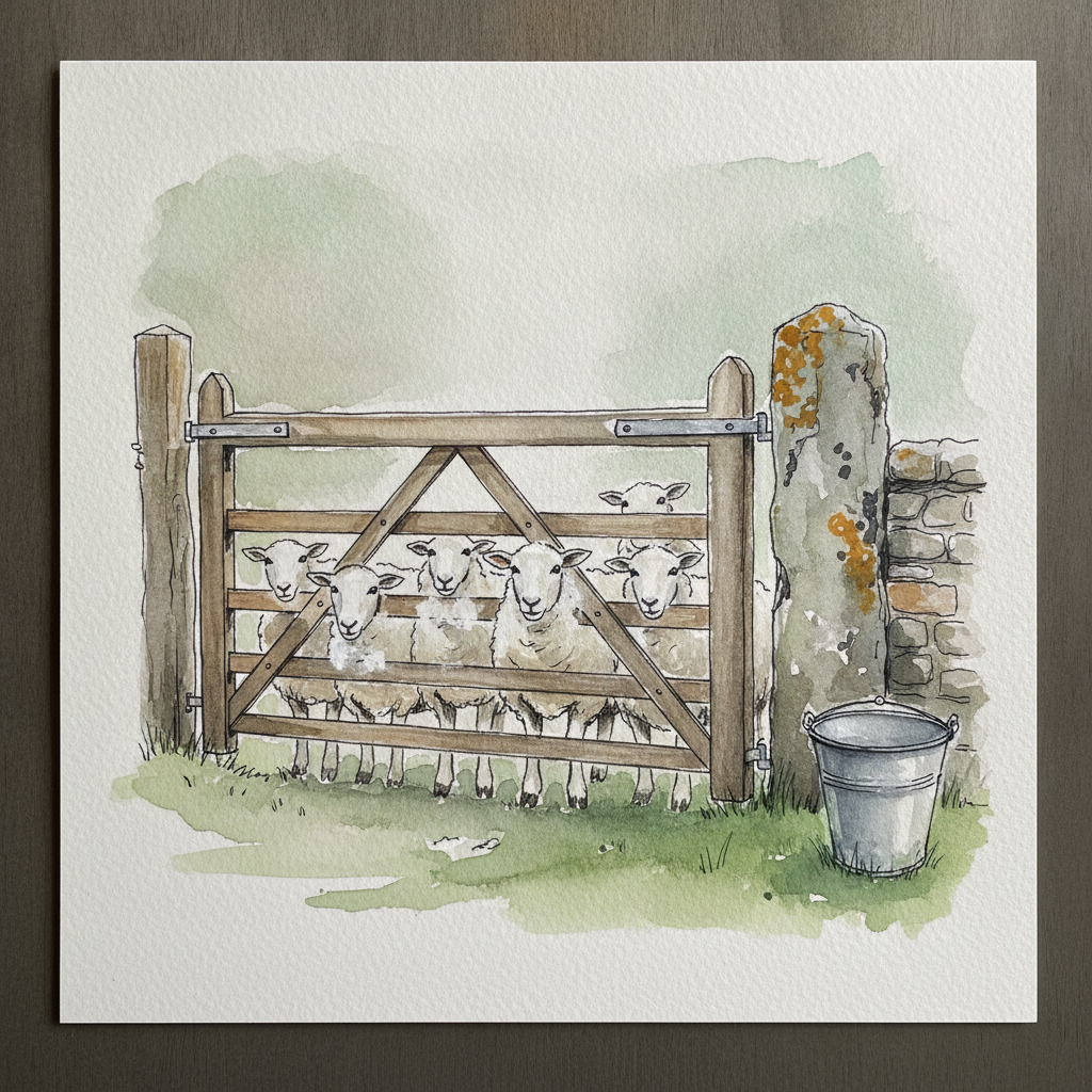 Cotswold gate with sheep crowding the bars example 1
