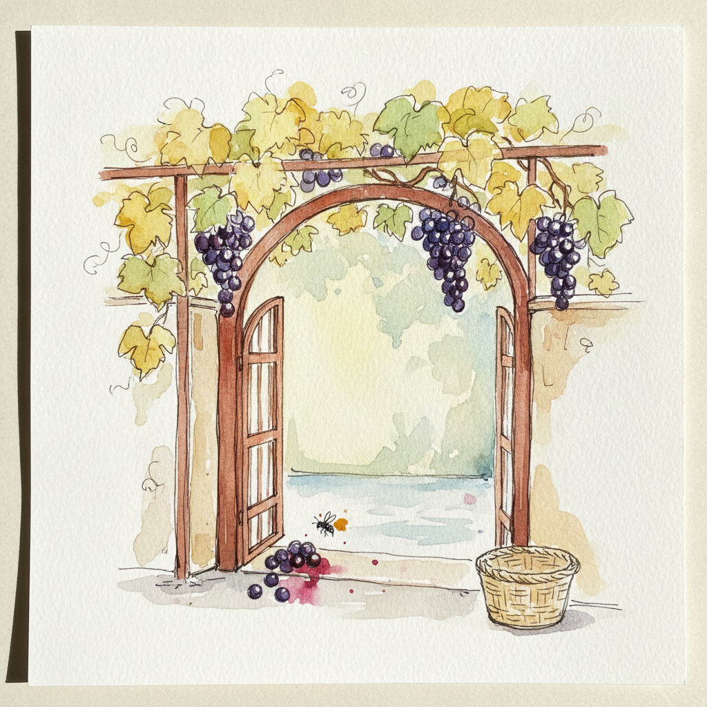 Trellised grapevine over the gate in late September example 1