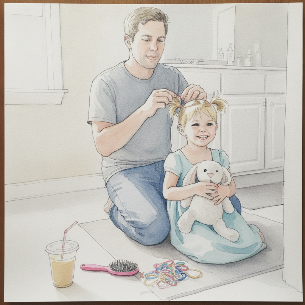 Dad putting kid's hair in pigtails example 1