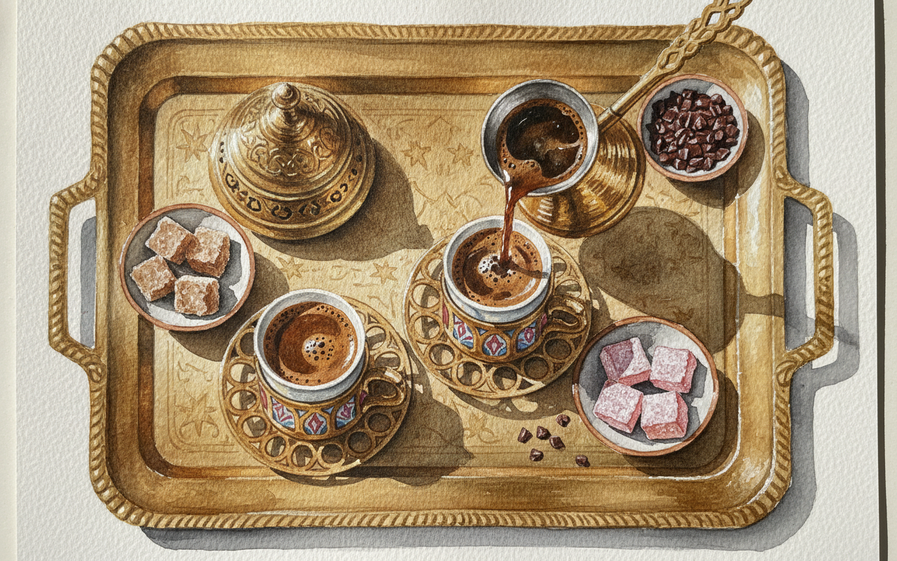 Tiny Turkish coffee cups with sugar cubes and dishes example 2