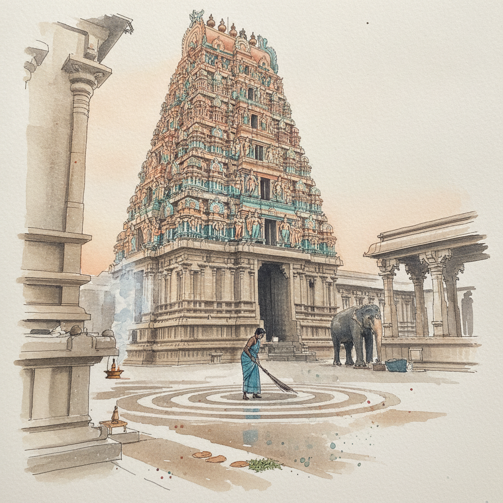 The east gopuram of Meenakshi at sunrise example 2