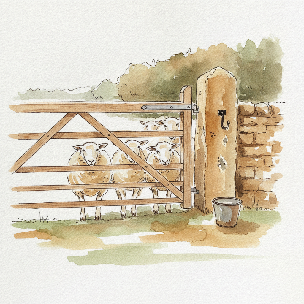 Cotswold gate with sheep crowding the bars example 2