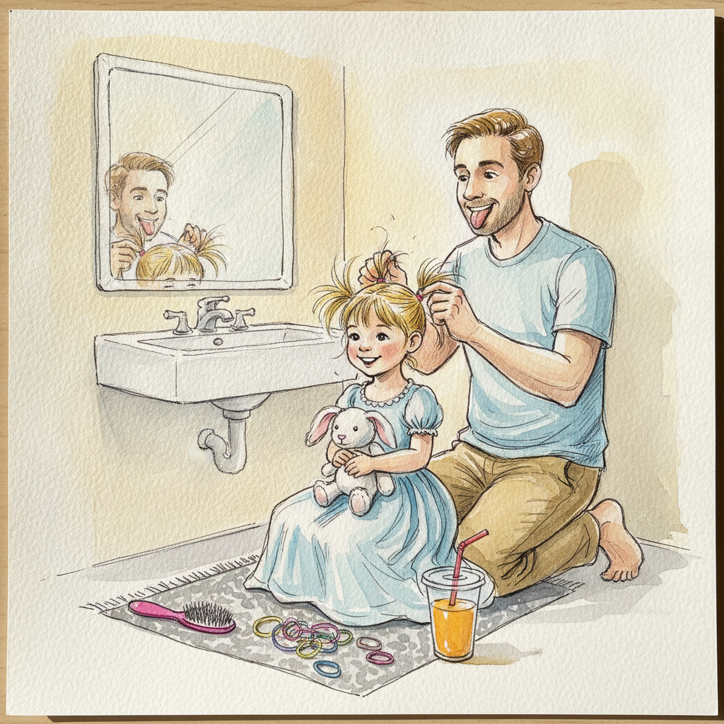 Dad putting kid's hair in pigtails example 2