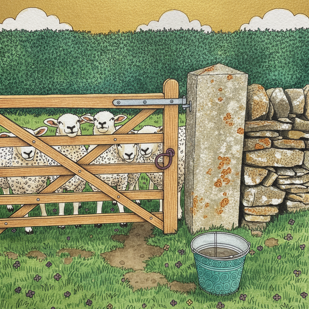 Cotswold gate with sheep crowding the bars example 3