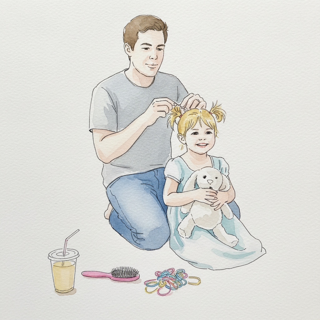 Dad putting kid's hair in pigtails example 3