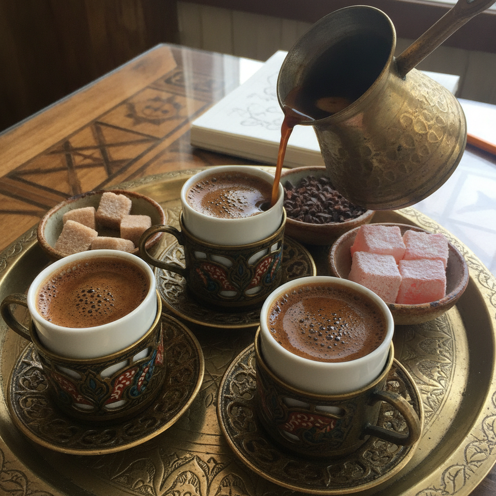 Tiny Turkish coffee cups with sugar cubes and dishes AI-generated photoreal reference