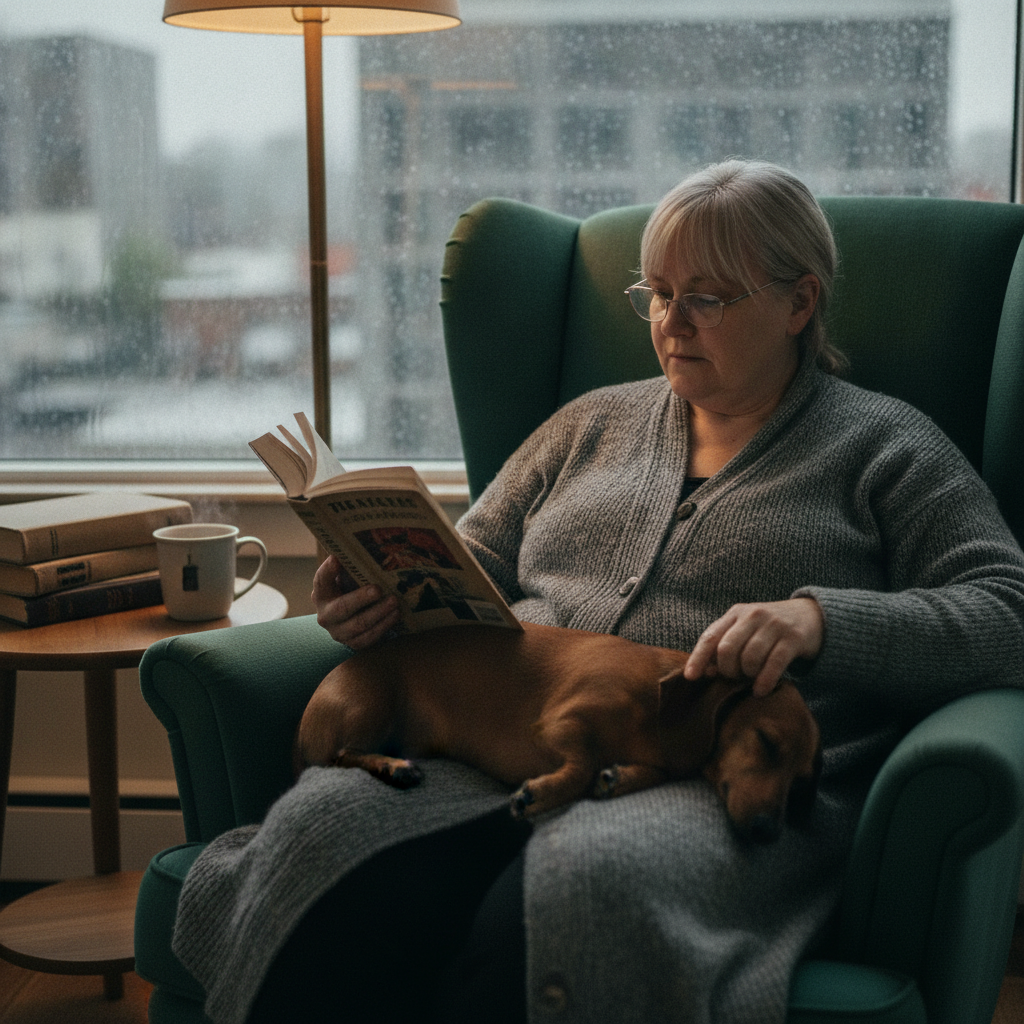 Person reading with dog on lap AI-generated photoreal reference