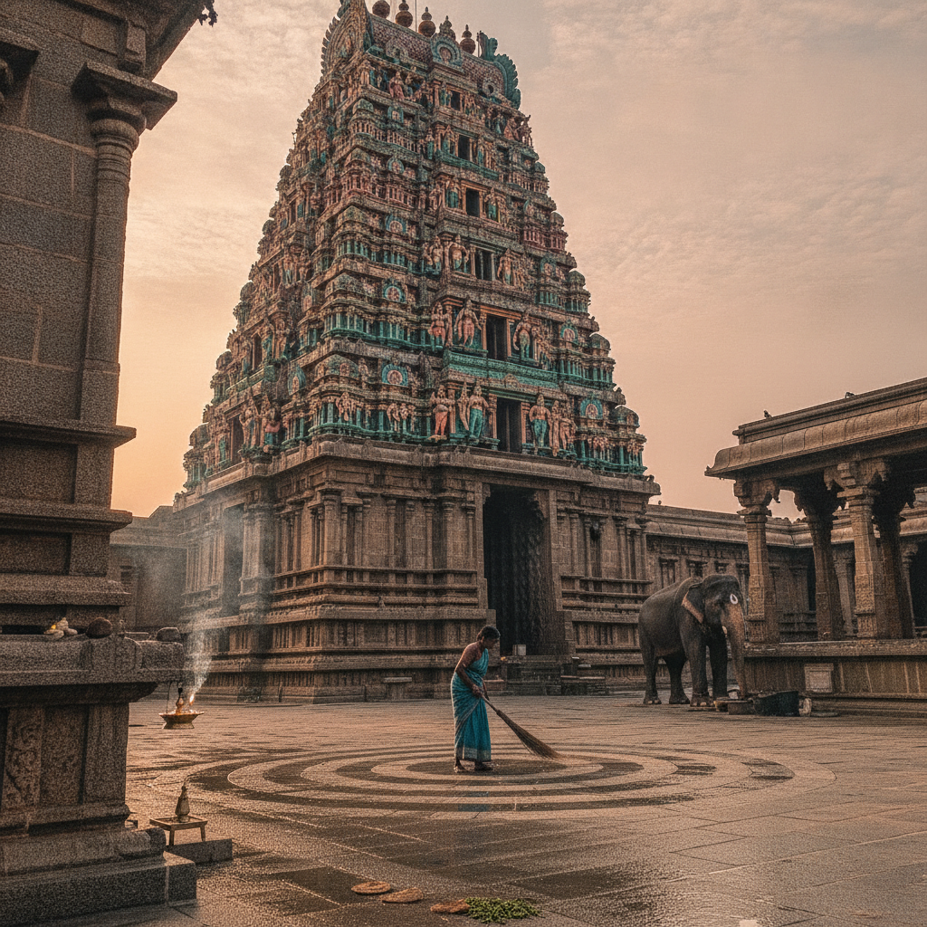 The east gopuram of Meenakshi at sunrise AI-generated photoreal reference