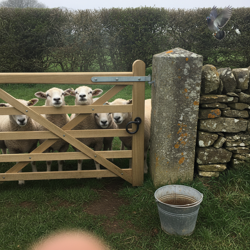 Cotswold gate with sheep crowding the bars AI-generated photoreal reference