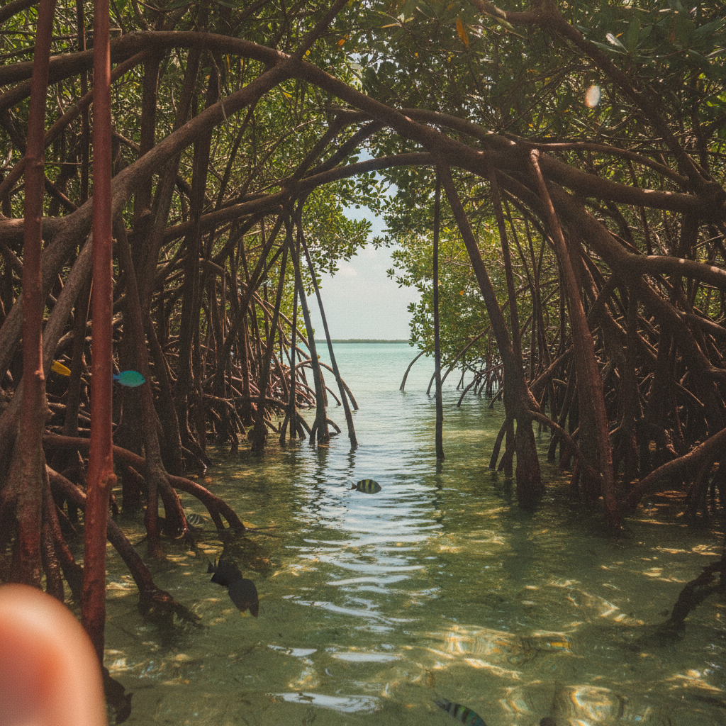 Kayak-eye view through prop roots, Florida Keys AI-generated photoreal reference