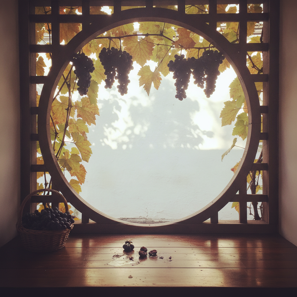 Trellised grapevine over the gate in late September AI-generated photoreal reference