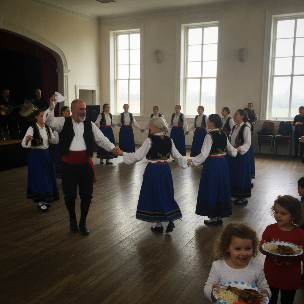 Folk dancers in circle AI-generated photoreal reference