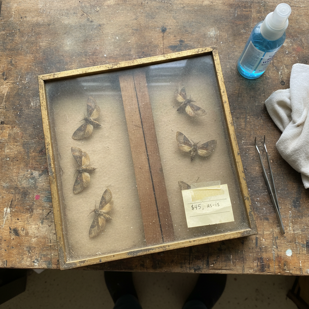 Antique shop find on a workbench AI-generated photoreal reference