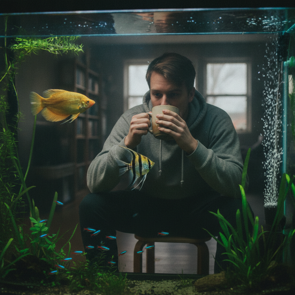Person watching aquarium fish AI-generated photoreal reference