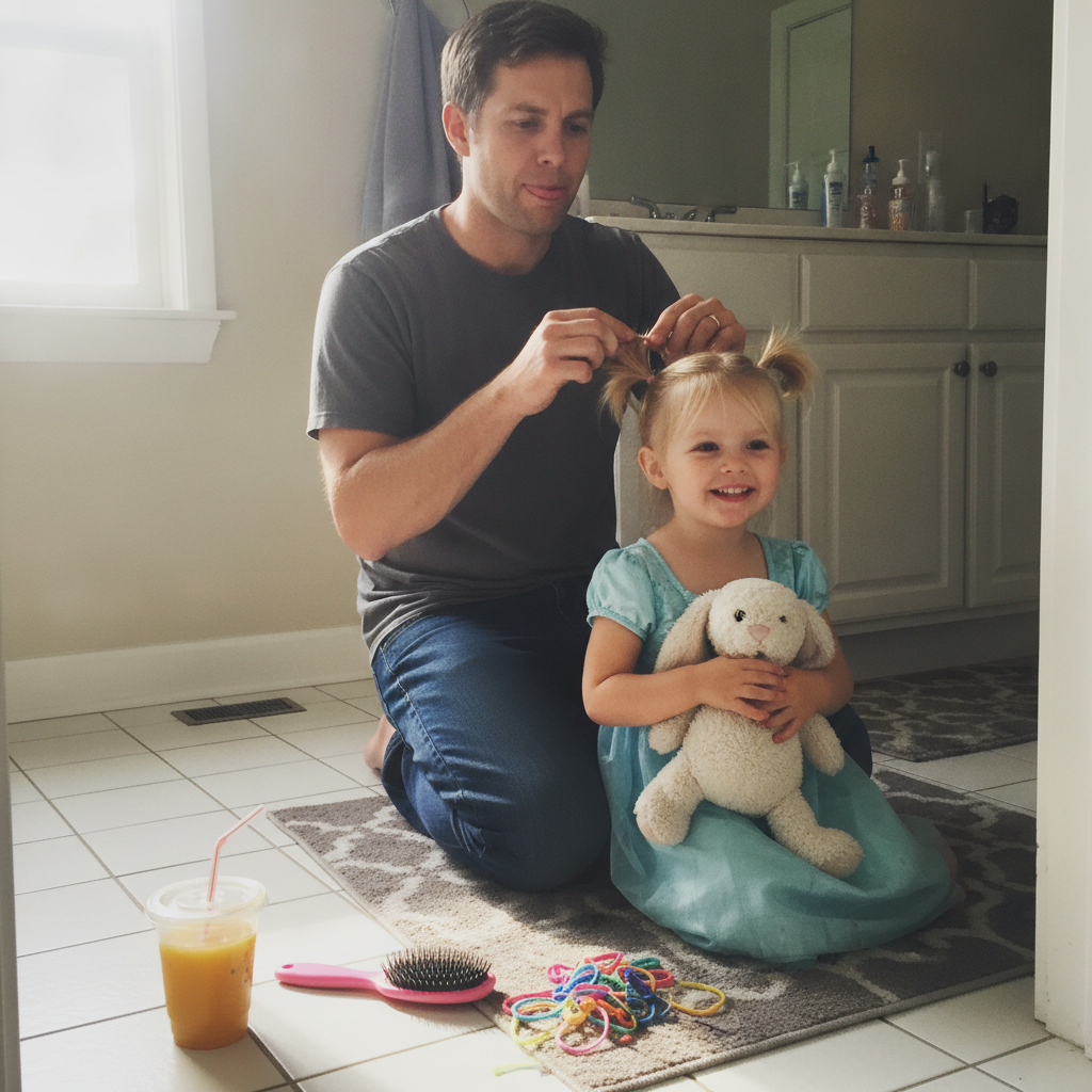 Dad putting kid's hair in pigtails AI-generated photoreal reference