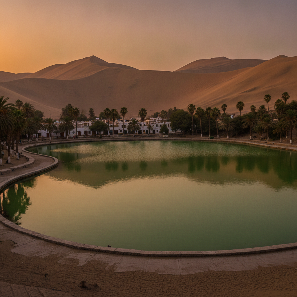 Huacachina lagoon at sunset, Ica, Peru AI-generated photoreal reference
