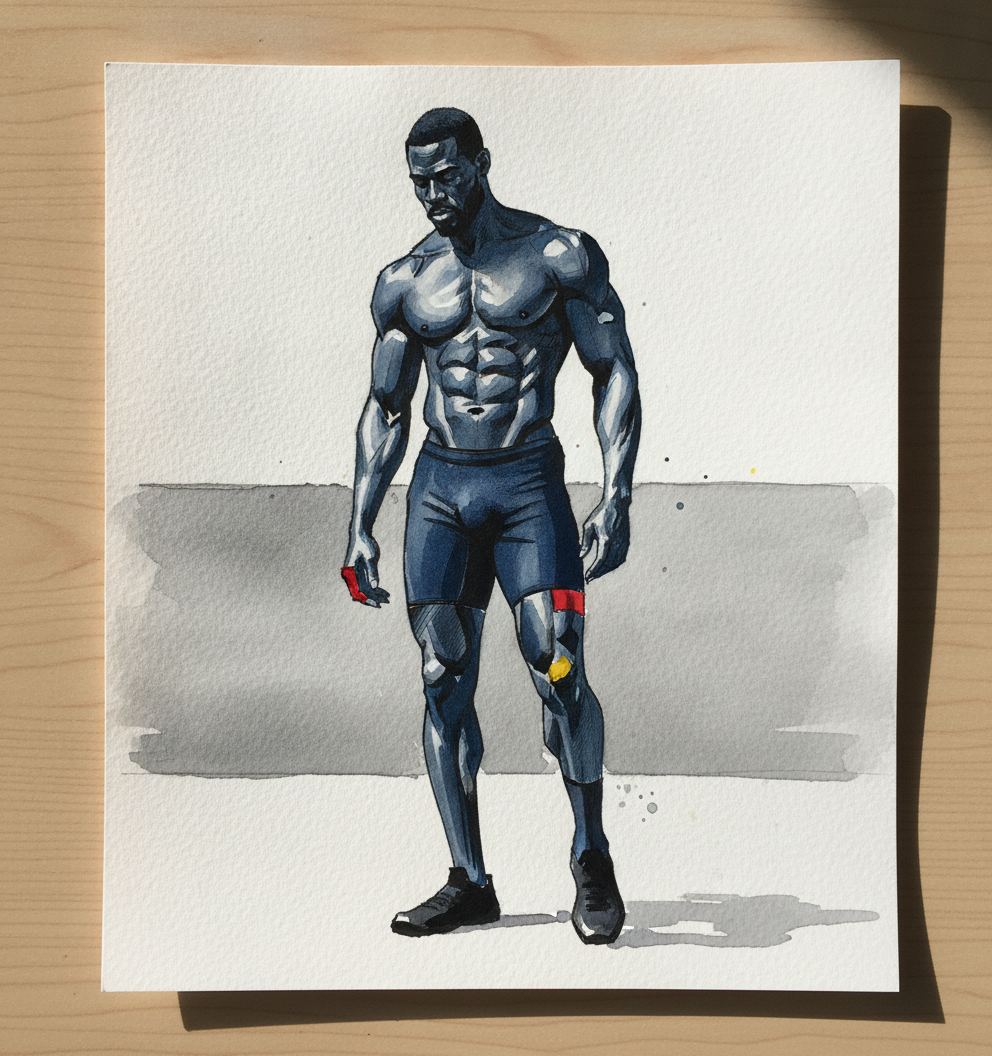 Black man, late 30s, athletic, weight left, gaze down example 1