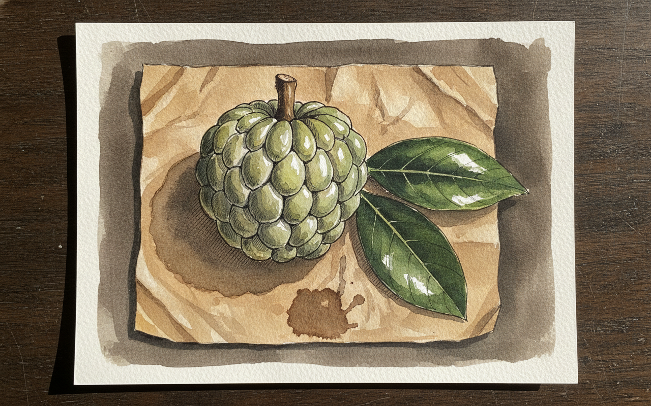 A custard apple beside its leaves example 1