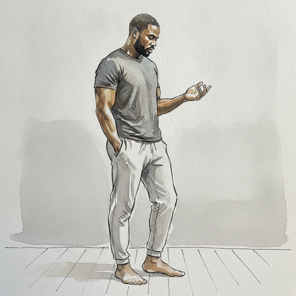 Black man, late 30s, athletic, weight left, gaze down example 2
