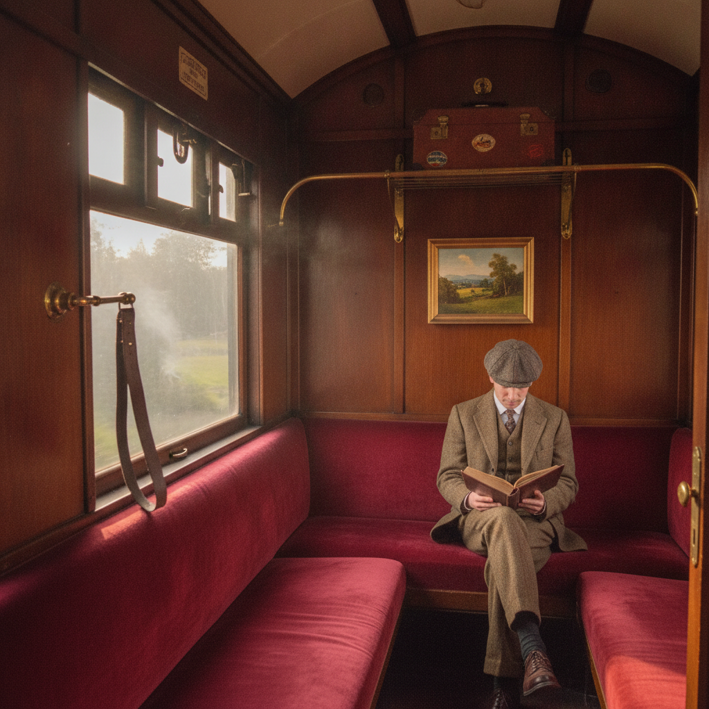 Antique steam train compartment AI-generated photoreal reference