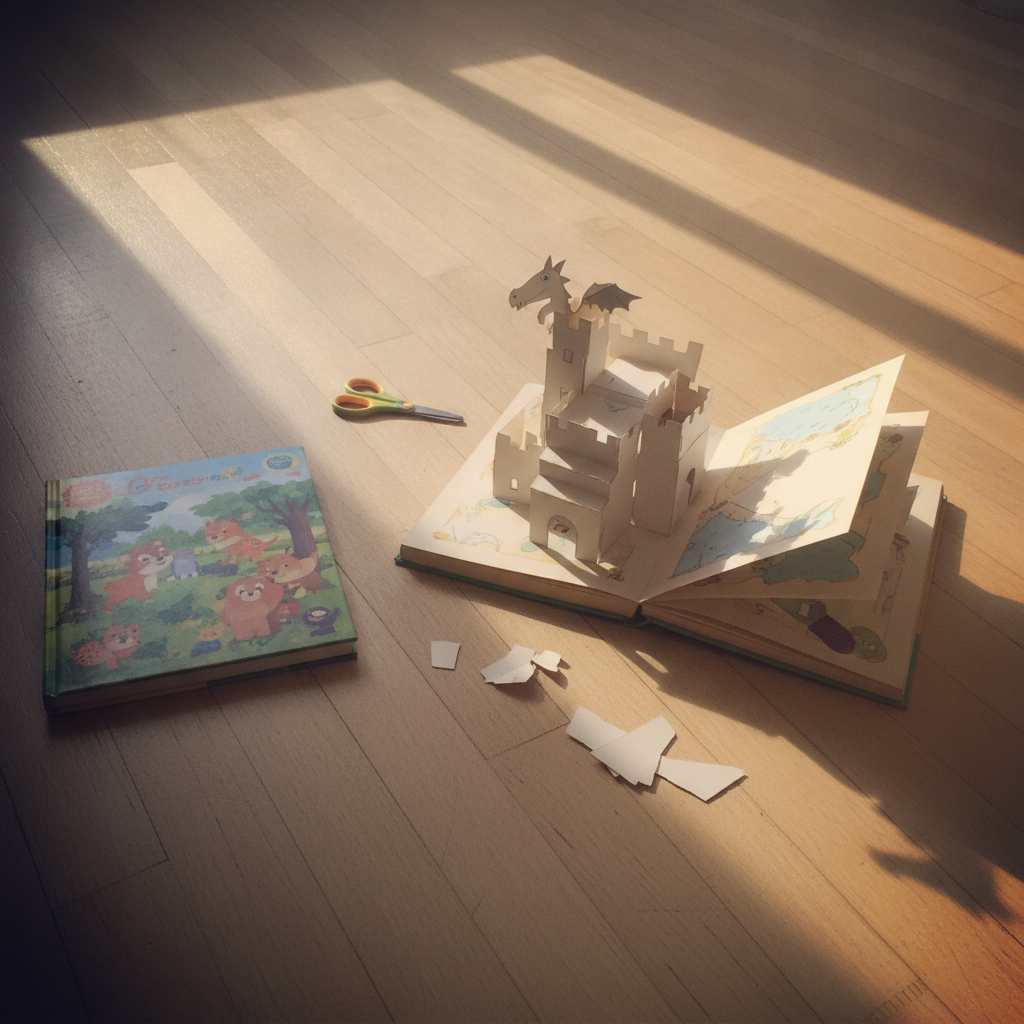 Children's pop-up book half-opened AI-generated photoreal reference