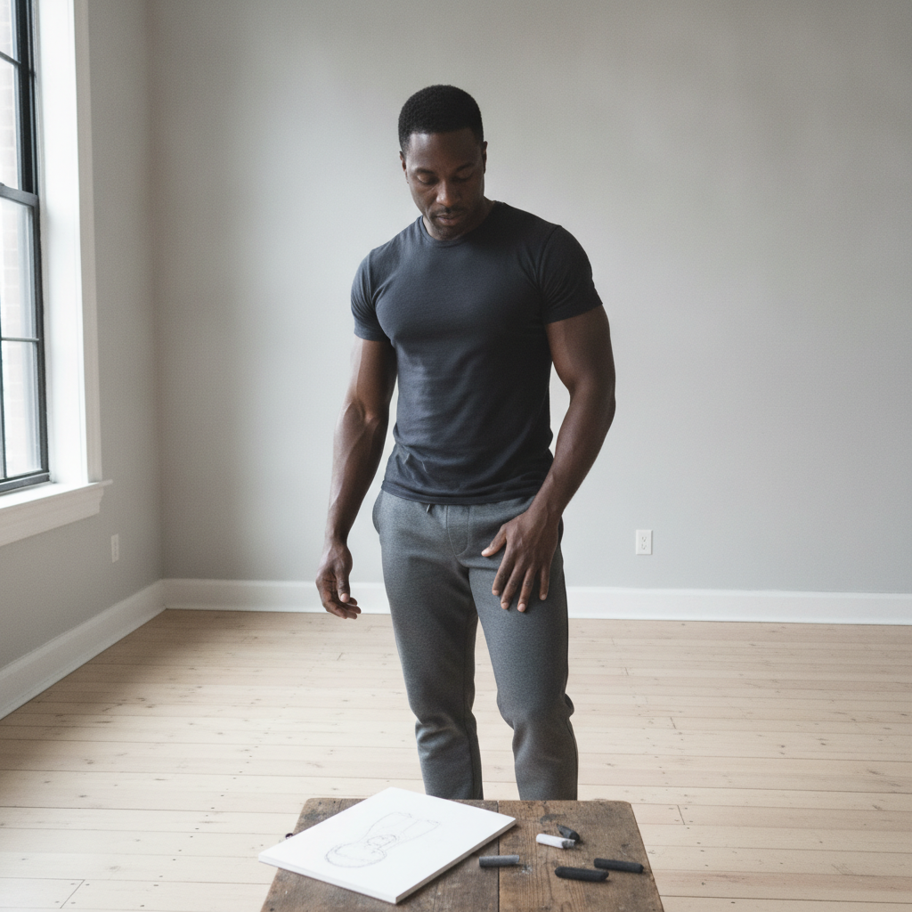 Black man, late 30s, athletic, weight left, gaze down AI-generated photoreal reference